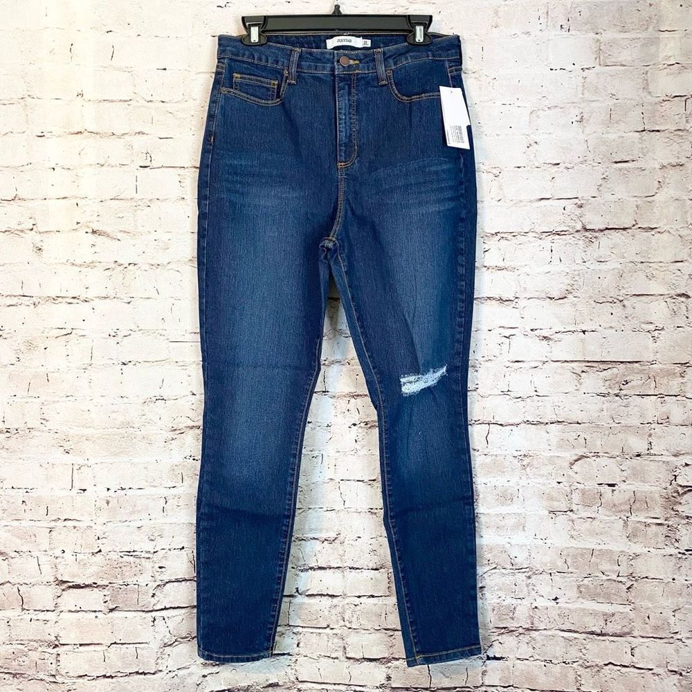 Justfab Womens Blue Distressed Shaping Stretch High Waisted Tummy Tame Jeans 32